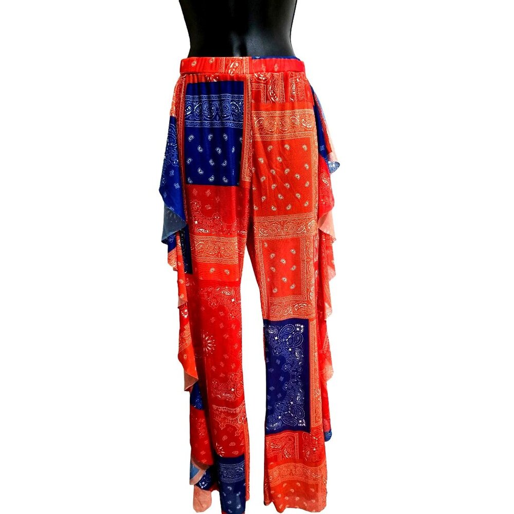 Vintage Bohemian Style Bandana Print Sheer Flare Pants size M